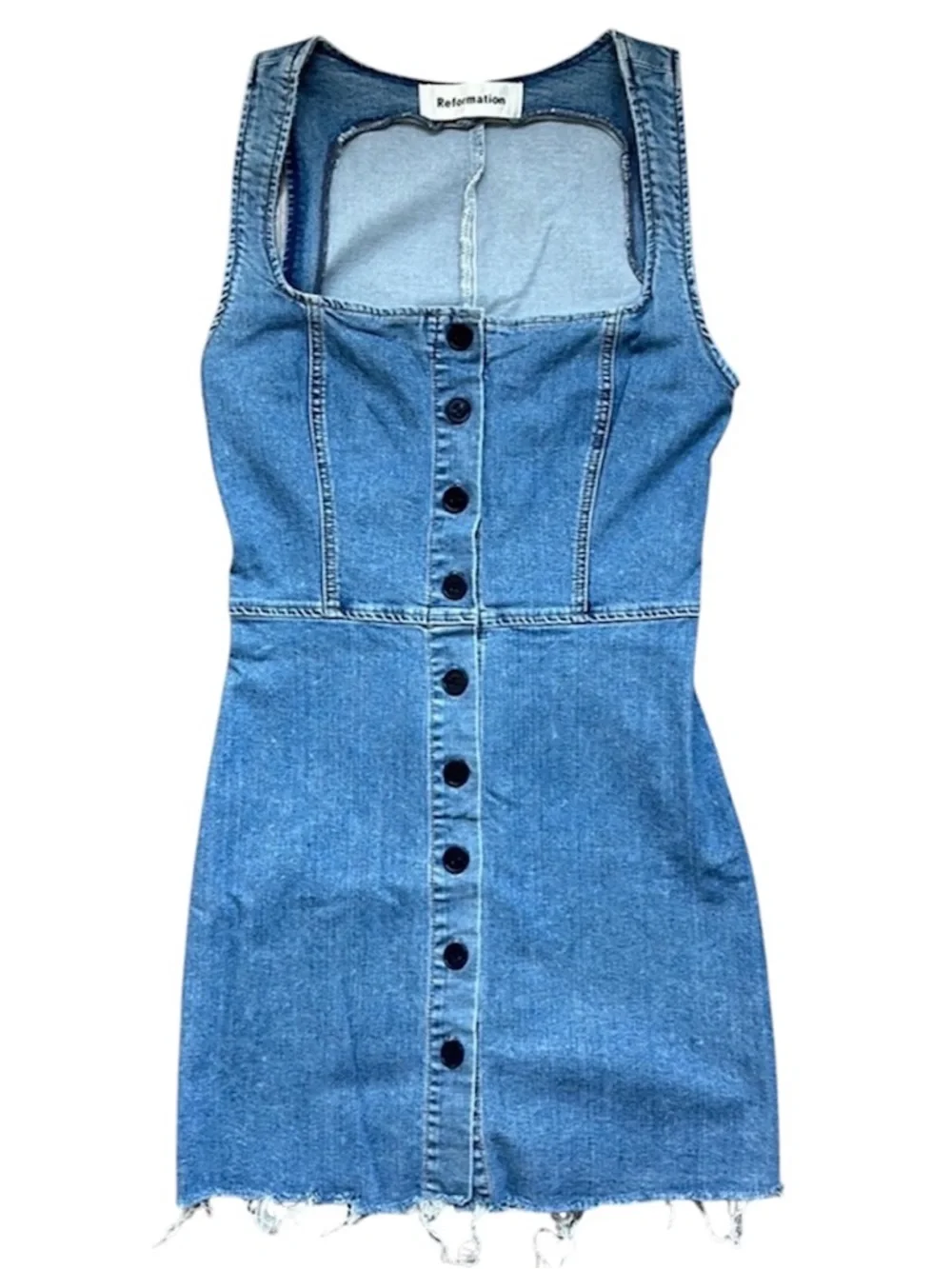 REFORMATION Lars Denim Dress Mini Short Raw Cut Hem Button Up Adriatic Blue 0 XS - Picture 8 of 15